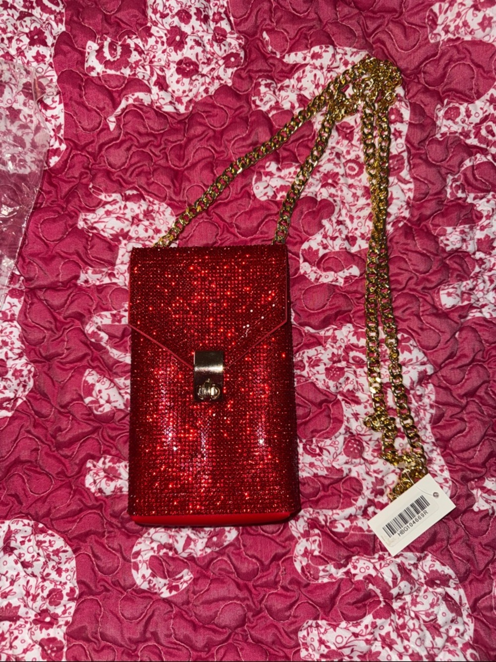 Red Crystal Crossbody Phone Bag with Gold Chain